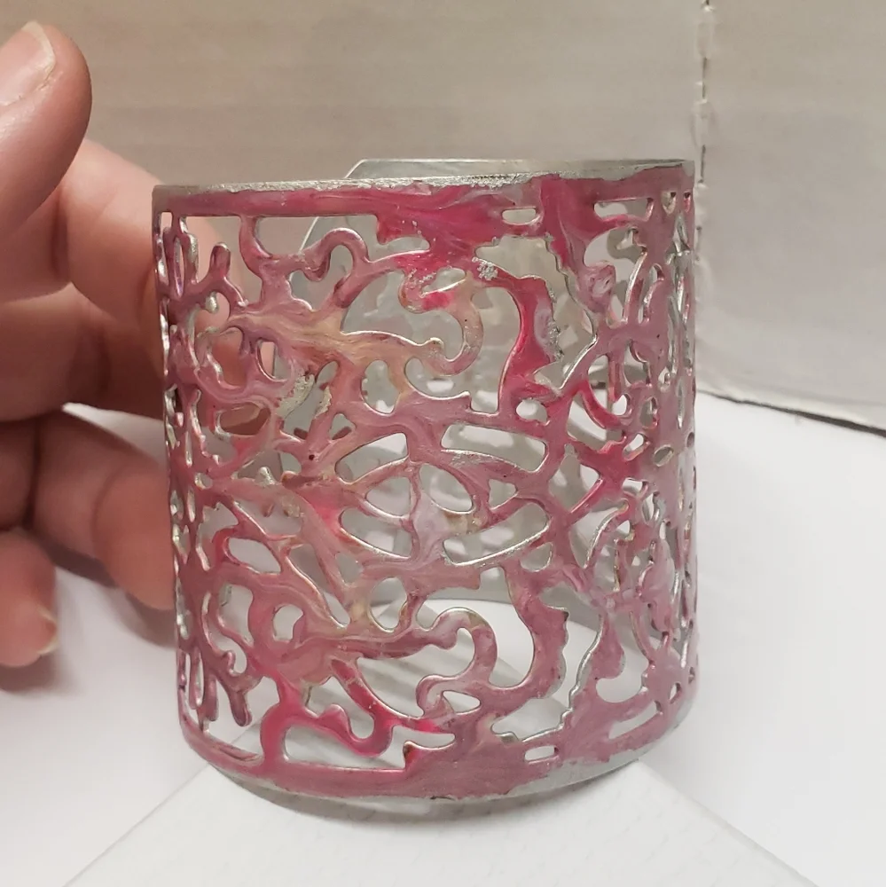 Hand Painted Abstract Pink & Silver Cuff Bracelet Filigree Statement Bracelet
